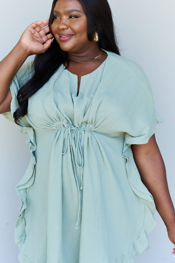 Ninexis Out Of Time Full Size Ruffle Hem Dress with Drawstring Waistband in Light Sage - Runway Frenzy 