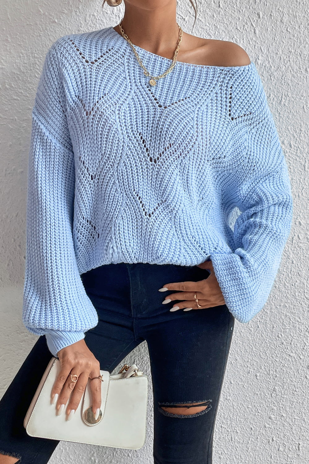 Openwork Boat Neck Dropped Shoulder Sweater - Runway Frenzy 