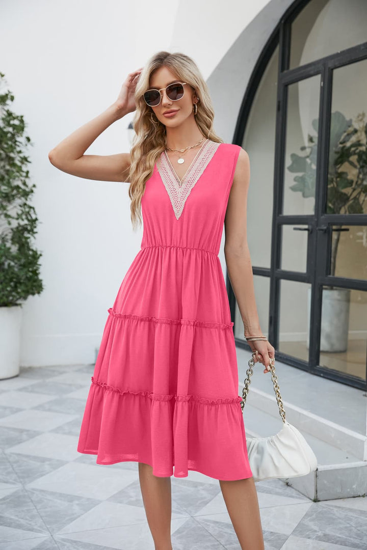 Contrast V-Neck Sleeveless Tiered Dress - Runway Frenzy