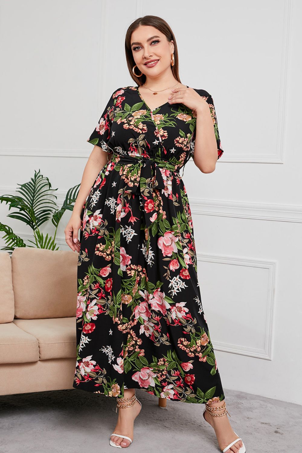 Plus Size Printed Surplice Short Sleeve Maxi Dress - Runway Frenzy 