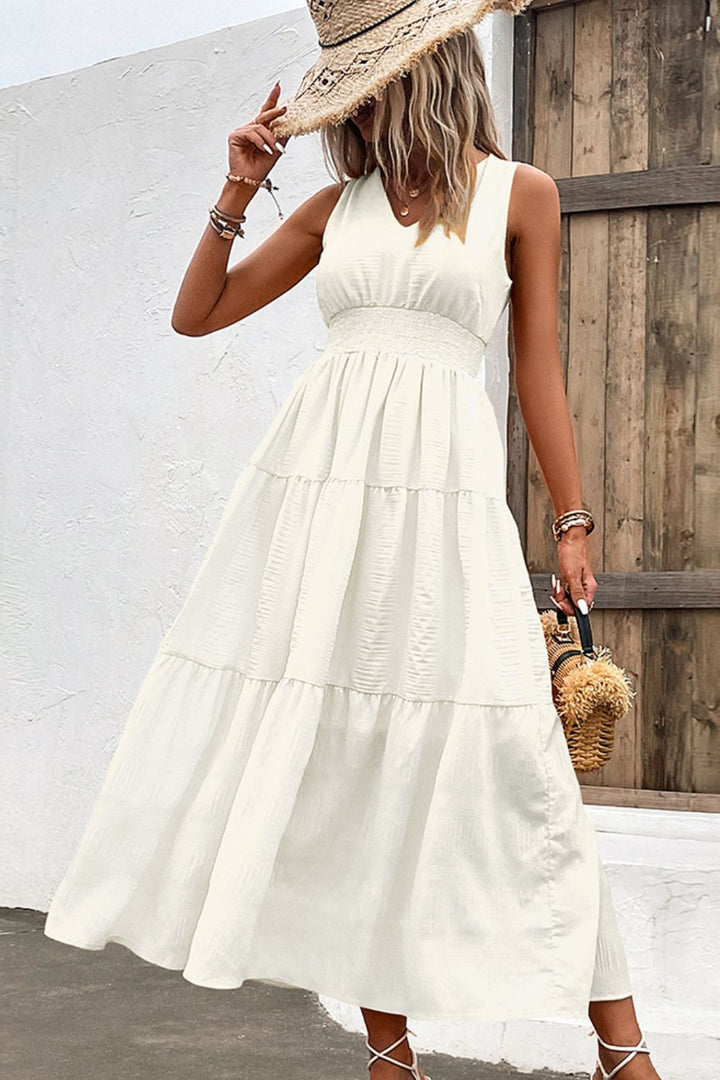 V-Neck Smocked Waist Sleeveless Tiered Dress - Runway Frenzy 