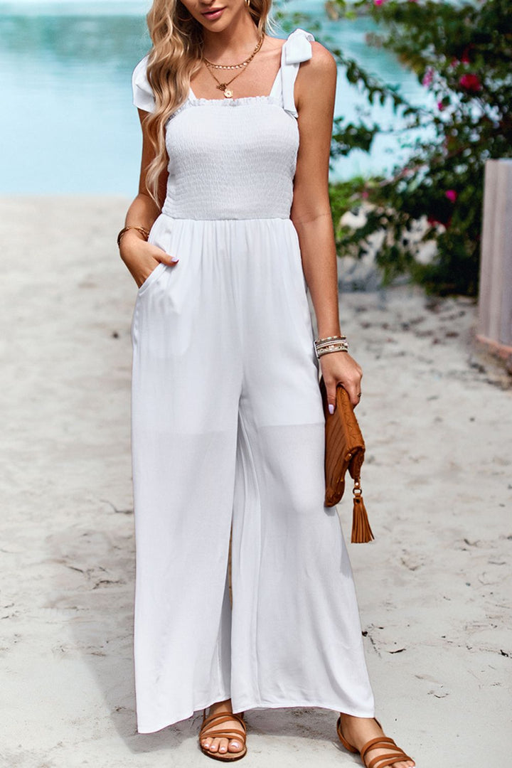 Frill Trim Tie Shoulder Wide Leg Jumpsuit with Pockets - Runway Frenzy