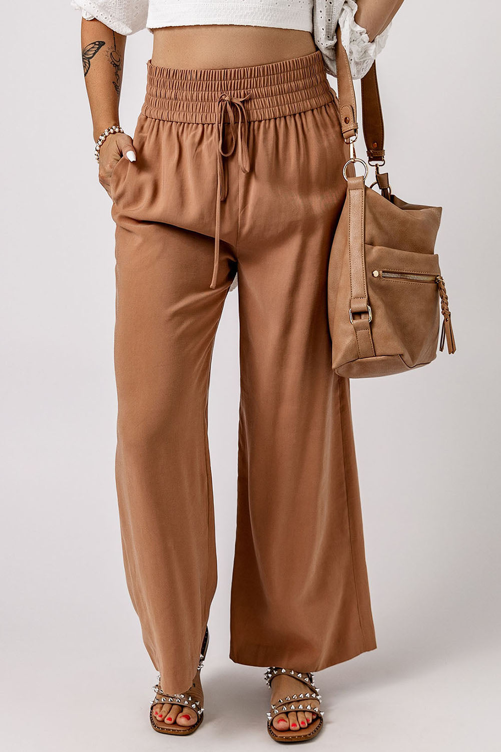 Drawstring Smocked Waist Wide Leg Pants - Runway Frenzy