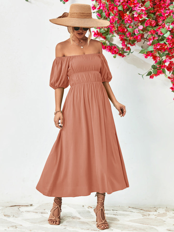 Off-Shoulder Balloon Sleeve Midi Dress - Runway Frenzy 