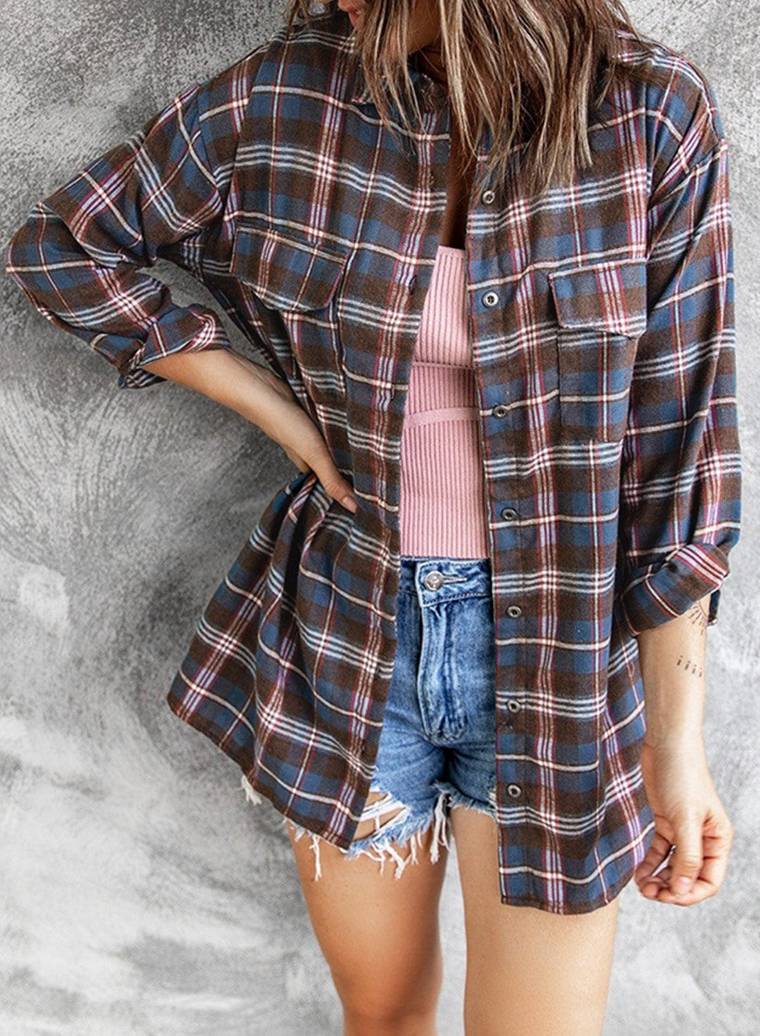 Plaid Slit High-Low Shirt with Pockets - Runway Frenzy 