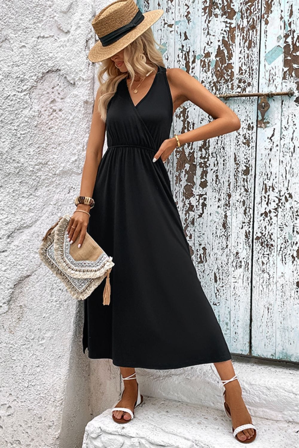 Surplice Neck Slit Sleeveless Dress - Runway Frenzy 