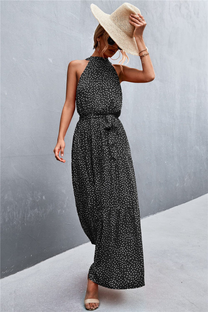 Printed Sleeveless Tie Waist Maxi Dress - Runway Frenzy 