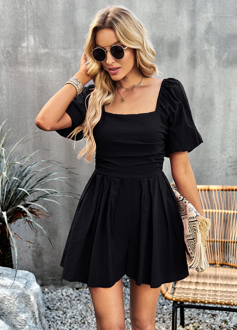 Square Neck Short Sleeve Smocked Romper - Runway Frenzy 