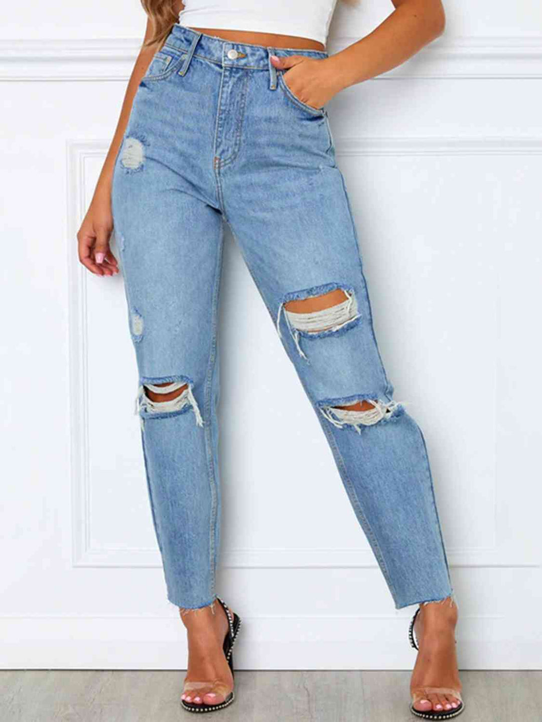 Distressed High Waist Straight Jeans Trendsi