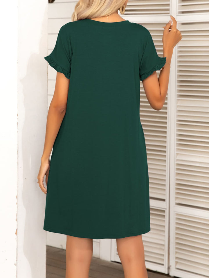 Round Neck Flounce Sleeve Dress with Pockets - Runway Frenzy 