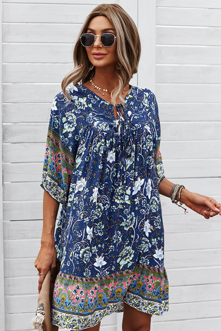 Bohemian Tie Neck Mini Dress - Runway Frenzy