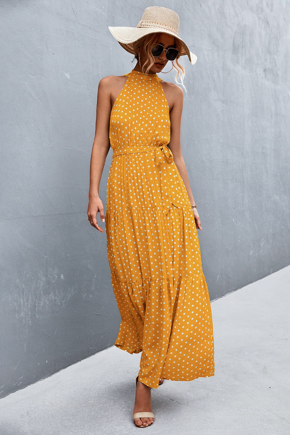 Printed Sleeveless Tie Waist Maxi Dress - Runway Frenzy 