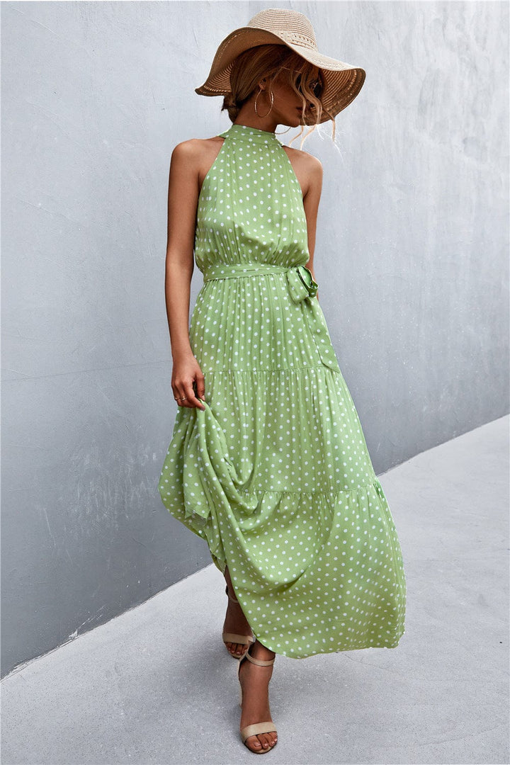 Printed Sleeveless Tie Waist Maxi Dress - Runway Frenzy 