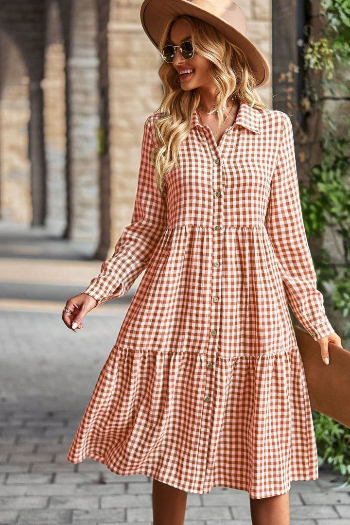 Collared Neck Long Sleeve Midi Dress - Runway Frenzy