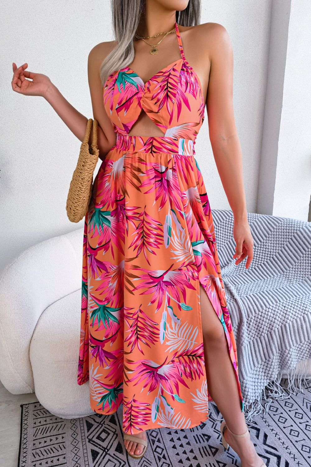 Botanical Print Tied Backless Cutout Slit Dress - Runway Frenzy