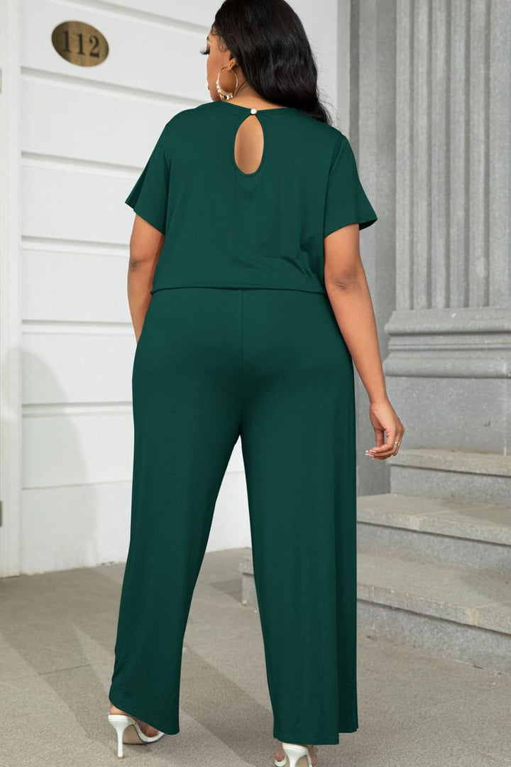 Plus Size Drawstring Waist Short Sleeve Jumpsuit - Runway Frenzy 