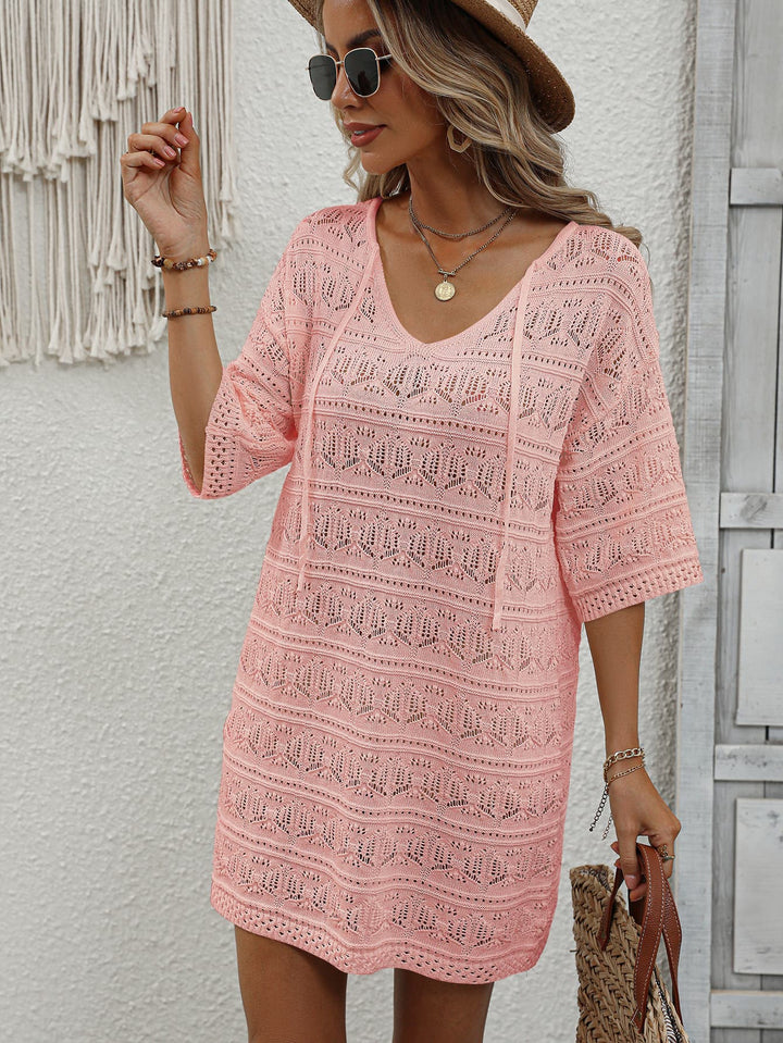 Openwork V-Neck Mini Knit Dress - Runway Frenzy 