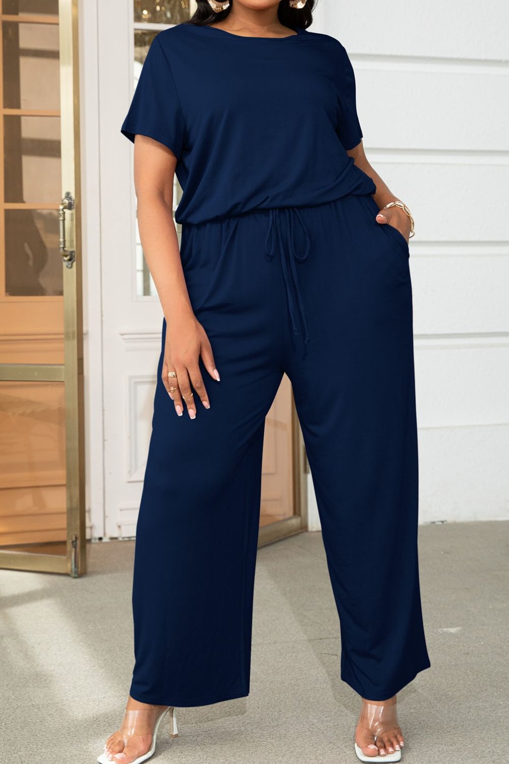 Plus Size Drawstring Waist Short Sleeve Jumpsuit - Runway Frenzy 