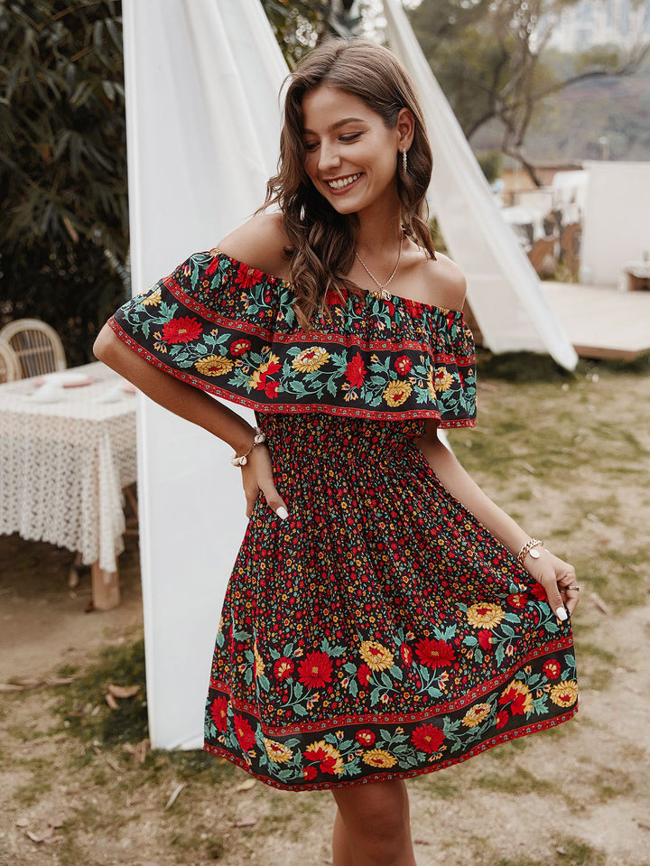 Bohemian Print Off-Shoulder Strapless Knee Length Dress - Runway Frenzy