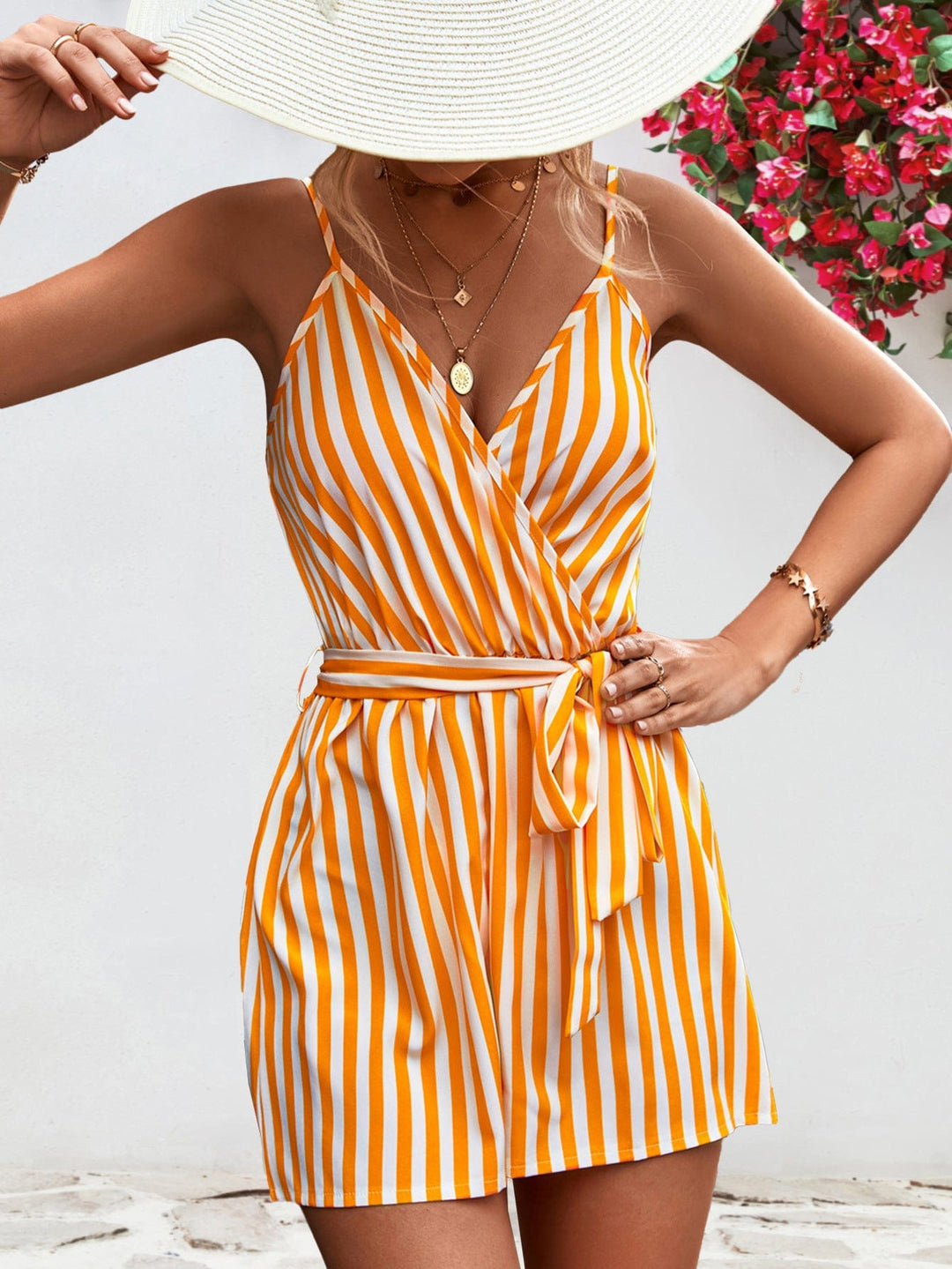 Striped Tie Waist Spaghetti Strap Romper - Runway Frenzy 