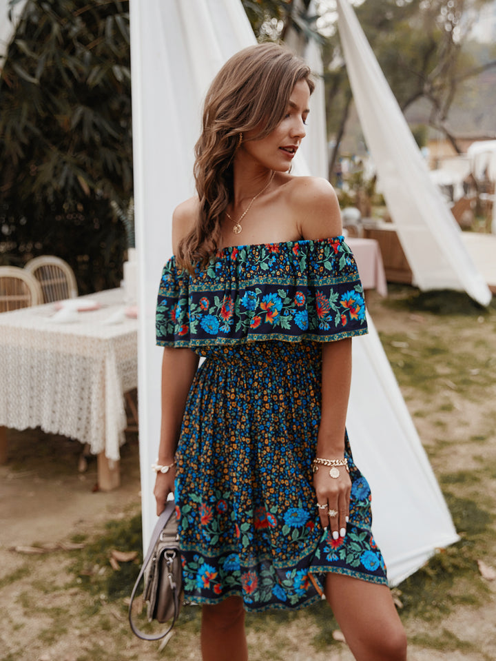 Bohemian Print Off-Shoulder Strapless Knee Length Dress - Runway Frenzy