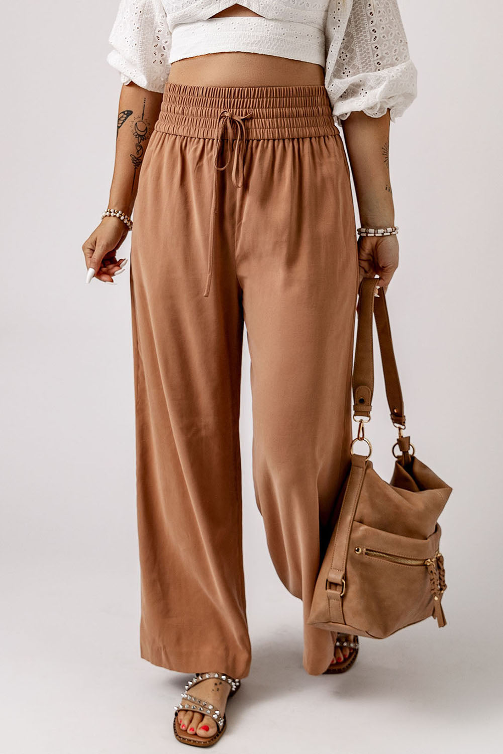 Drawstring Smocked Waist Wide Leg Pants - Runway Frenzy