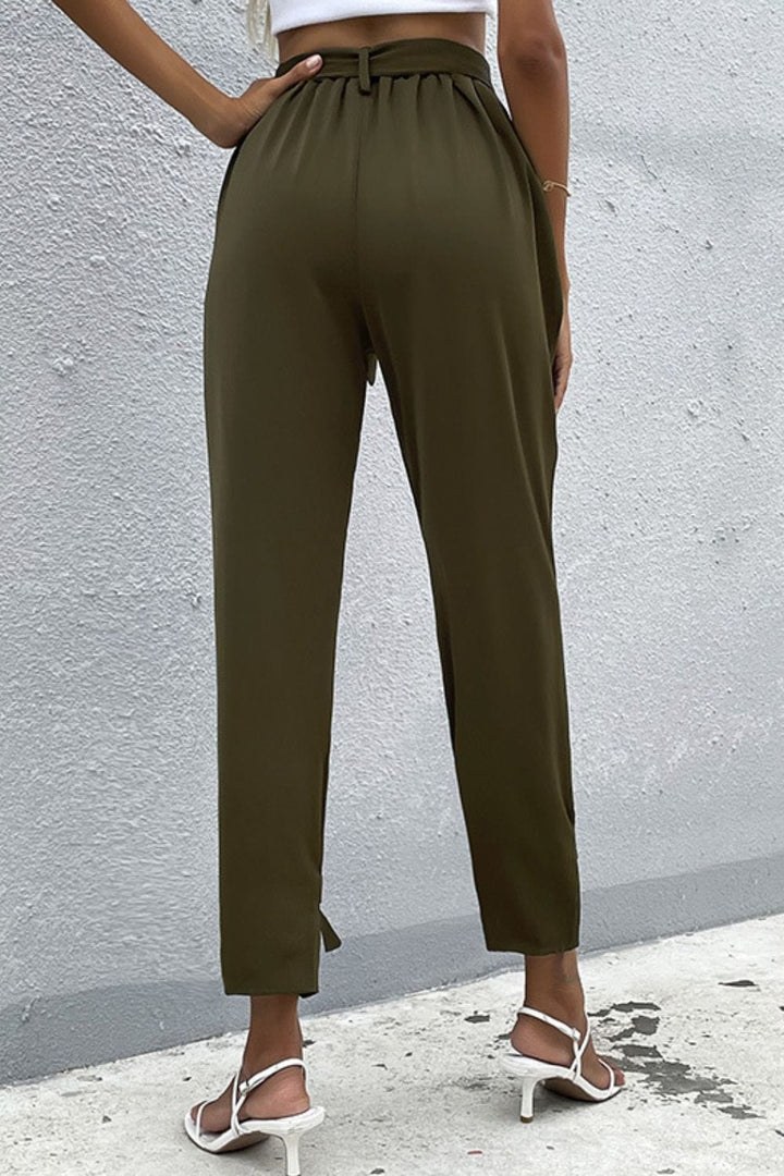 Tie Detail Belted Pants with Pockets - Runway Frenzy 