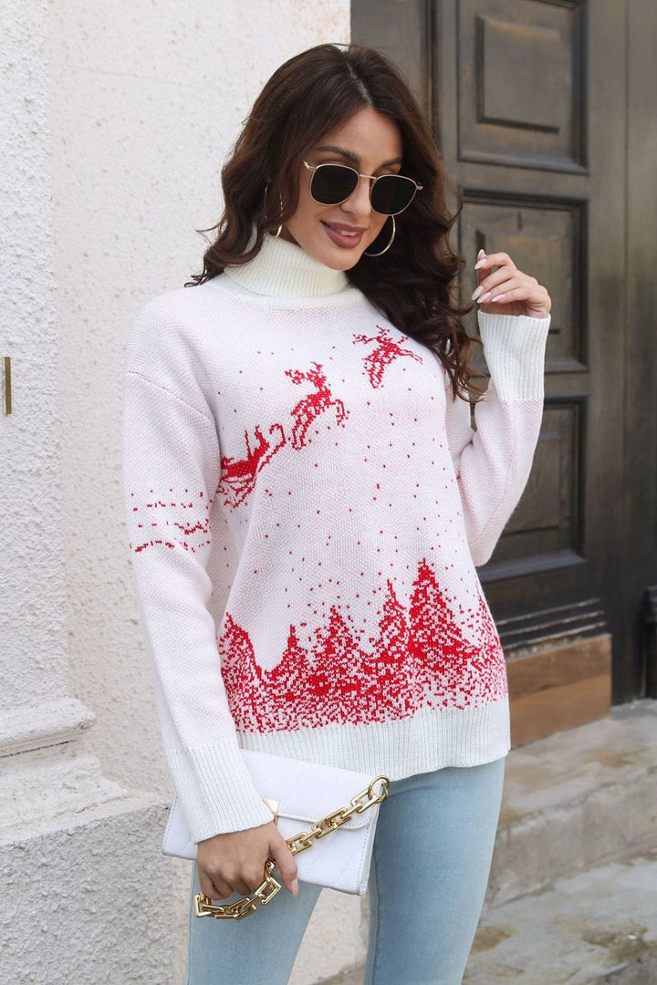 Reindeer & Snow Pattern Turtle Neck Pullover Sweater - Runway Frenzy 