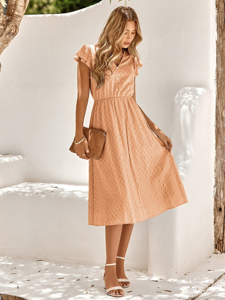 V-Neck Flutter Sleeve Midi Dress - Runway Frenzy 