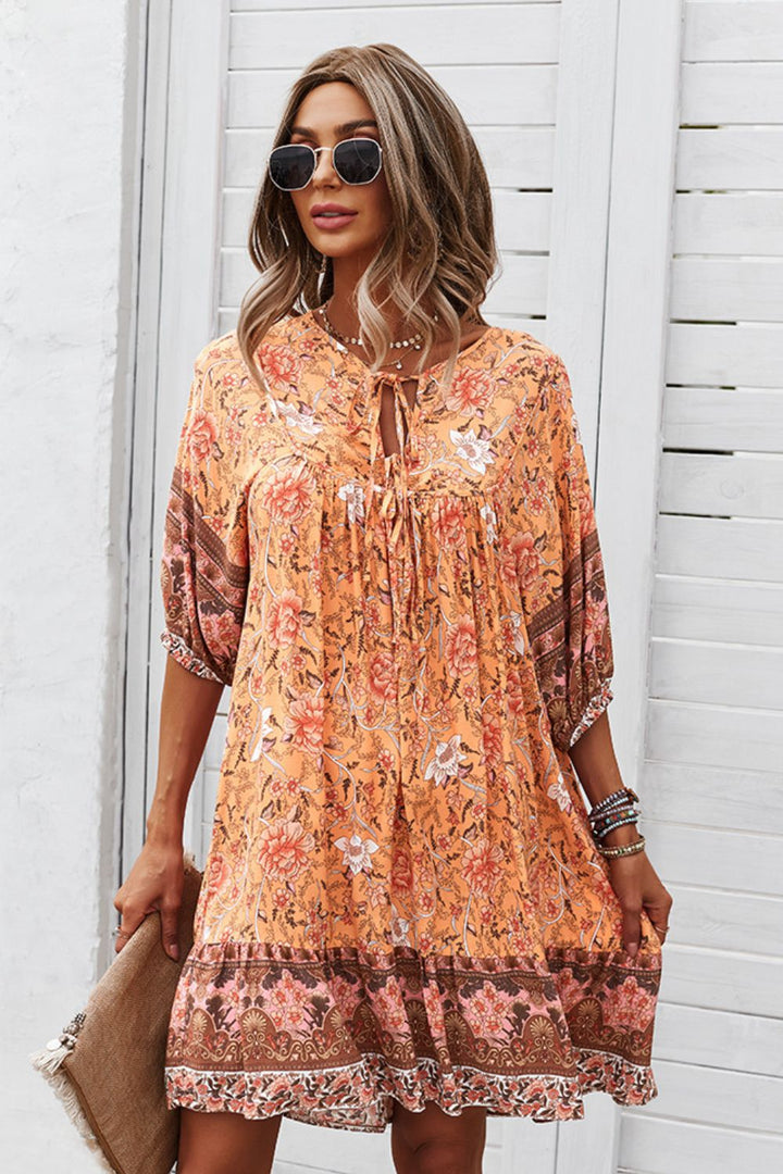 Bohemian Tie Neck Mini Dress - Runway Frenzy