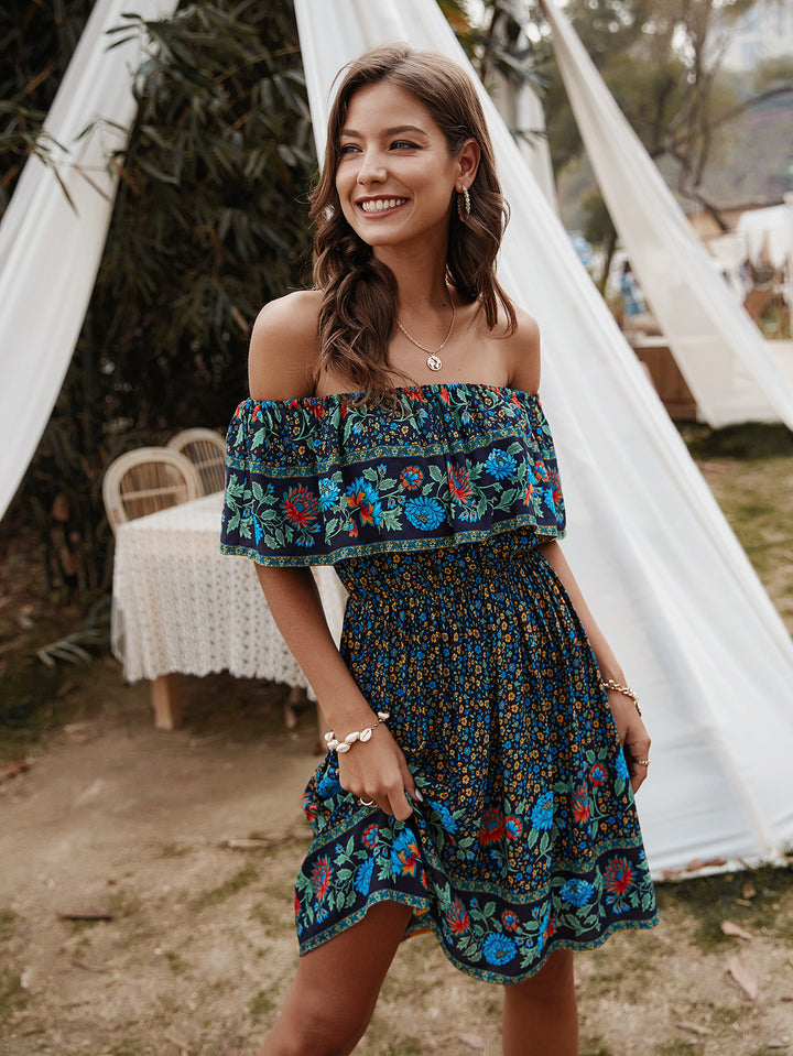 Bohemian Print Off-Shoulder Strapless Knee Length Dress - Runway Frenzy