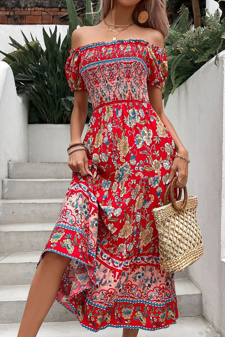 Floral Off-Shoulder Smocked Midi Dress - Runway Frenzy