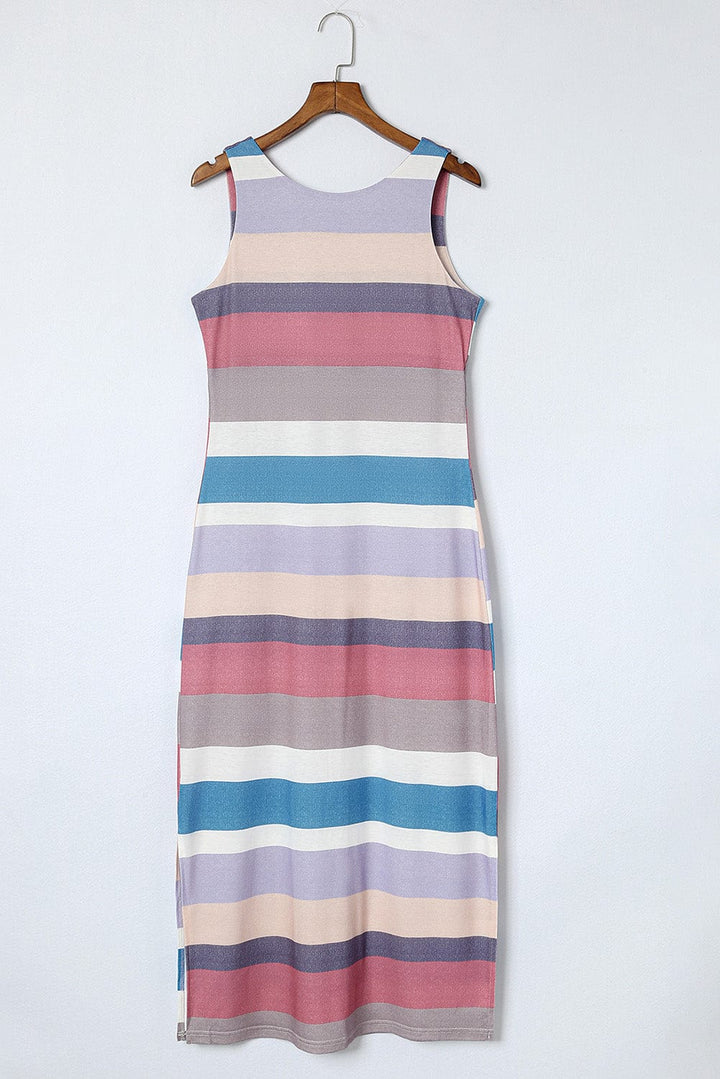 Striped Slit Sleeveless Maxi Dress - Runway Frenzy 