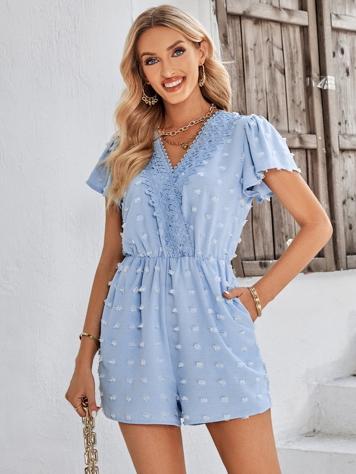 Swiss Dot Lace Trim Flutter Sleeve Romper with Pockets - Runway Frenzy