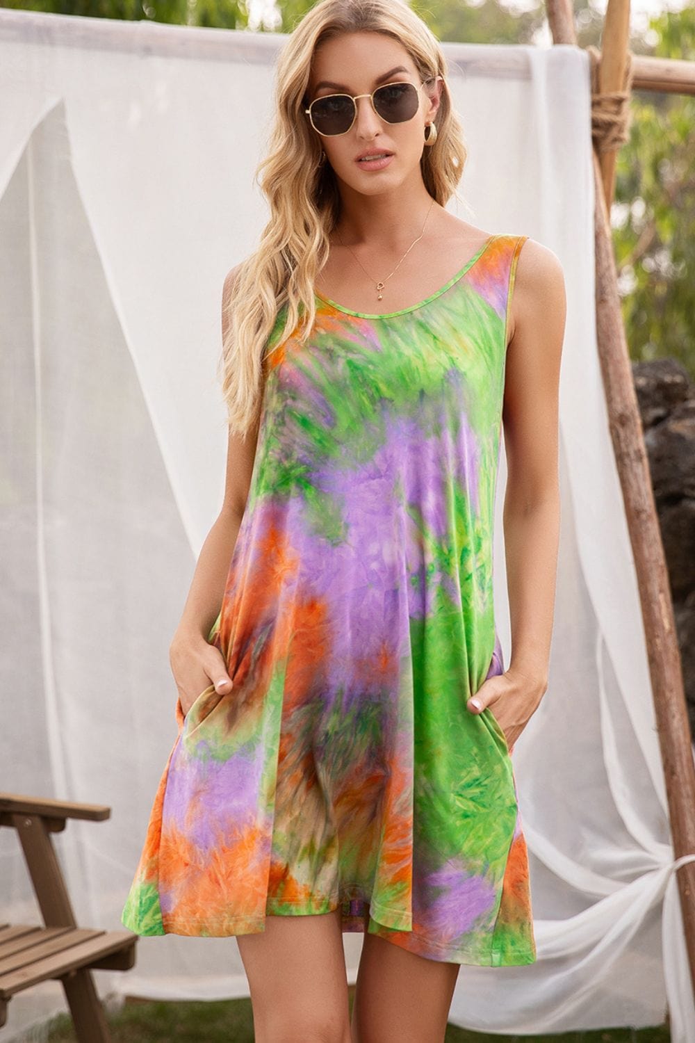 Tie-Dye Sleeveless Dress with Pockets - Runway Frenzy 