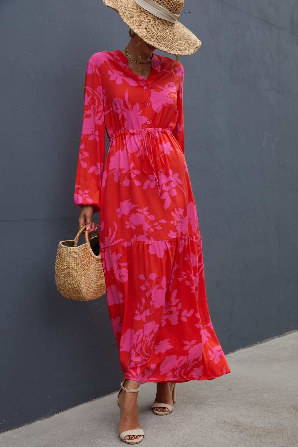 Floral Drawstring Waist Long Sleeve Dress - Runway Frenzy