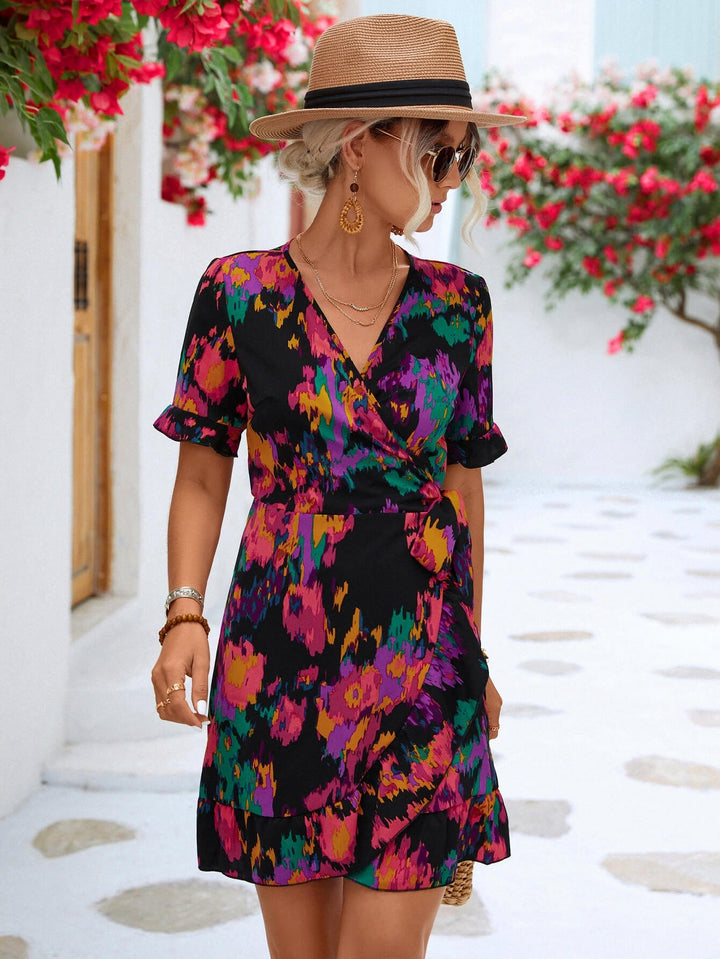 Printed Flounce Sleeve Tied Dress - Runway Frenzy 