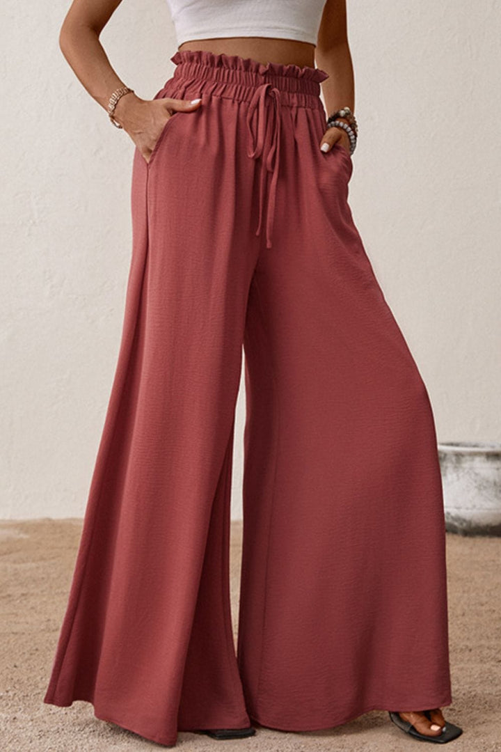 Smocked Paperbag Waist Wide Leg Pants - Runway Frenzy 