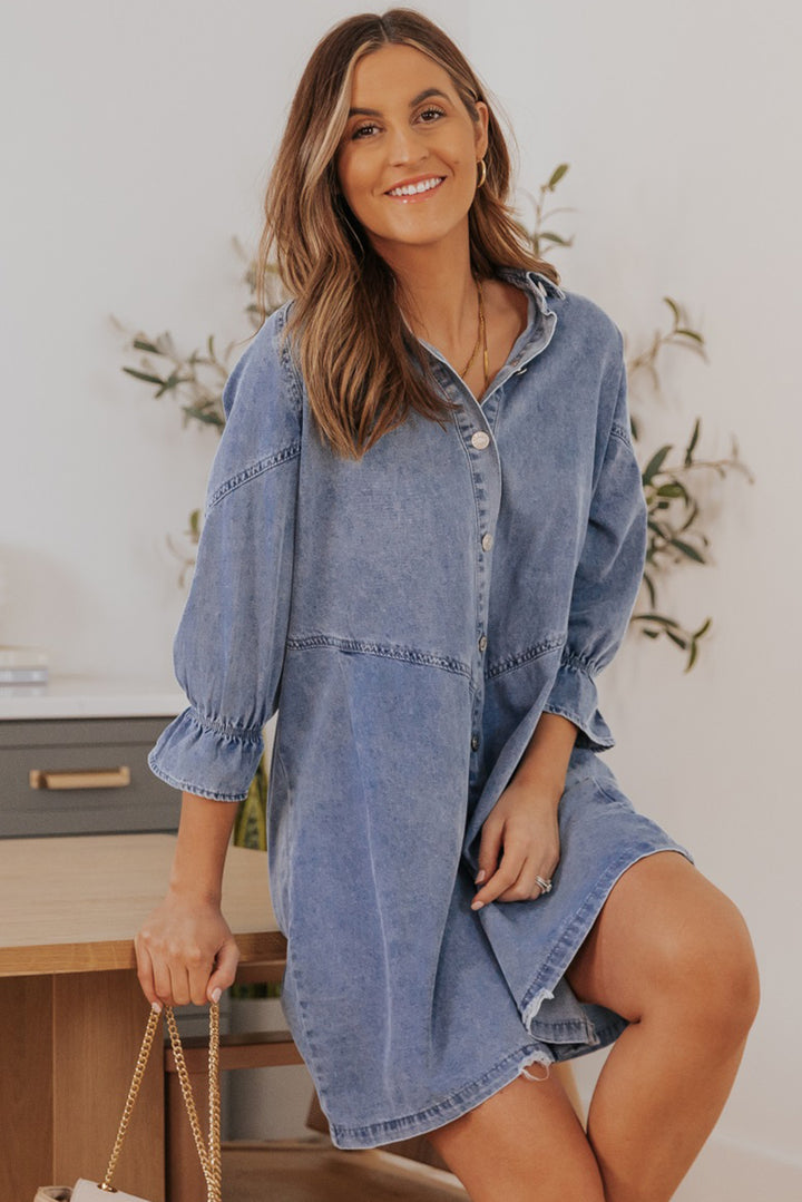 Collared Neck Flounce Sleeve Denim Mini Dress - Runway Frenzy