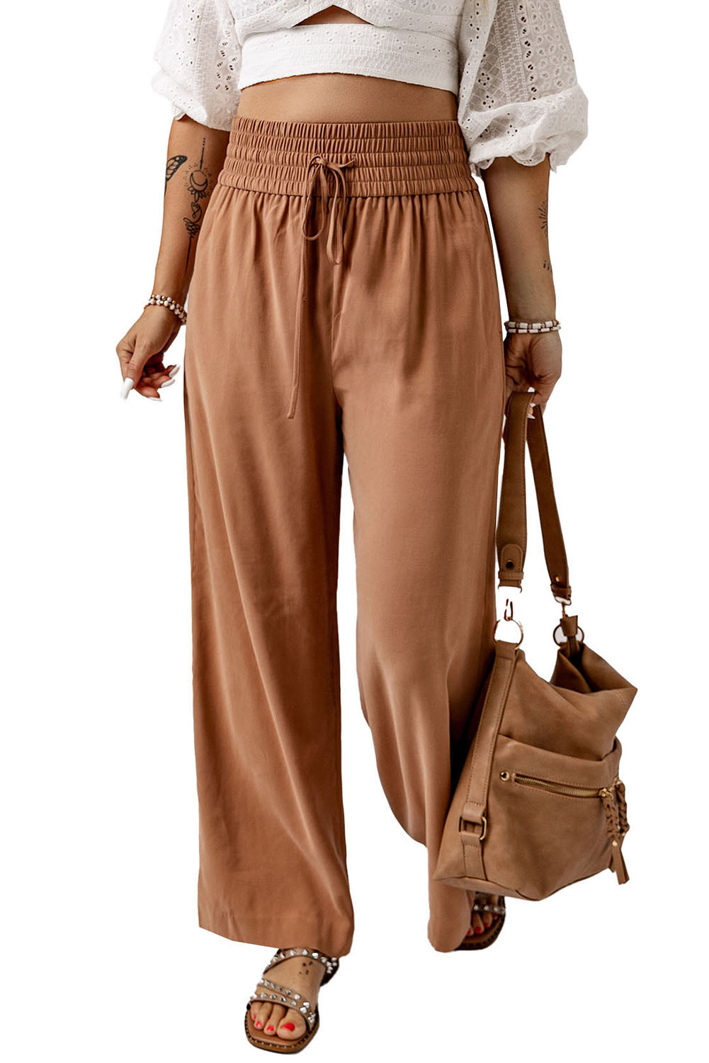 Drawstring Smocked Waist Wide Leg Pants - Runway Frenzy