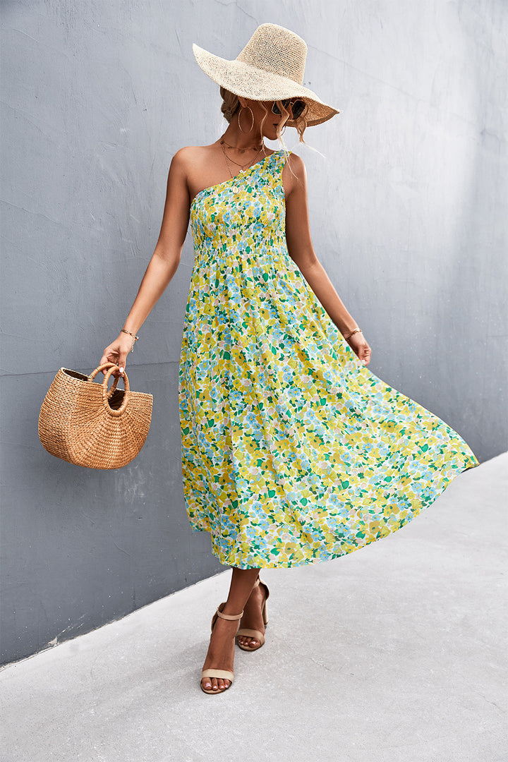 Floral Smocked One-Shoulder Midi Dress - Runway Frenzy