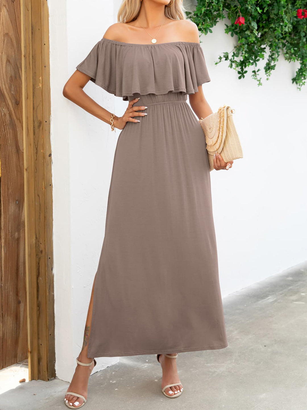 Off-Shoulder Slit Maxi Dress - Runway Frenzy 