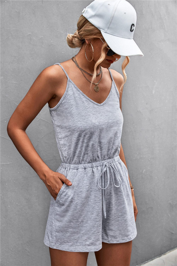 Spaghetti Strap V-Neck Pocket Romper - Runway Frenzy 