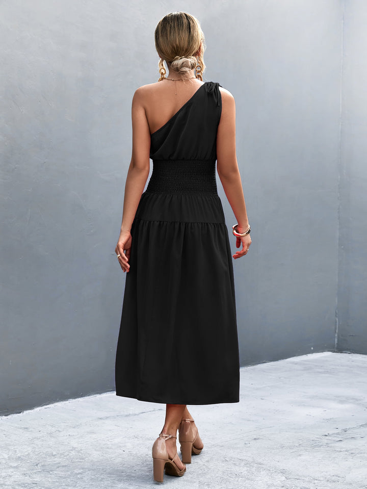 Asymmetrical One Shoulder Smocked Waist Midi Dress - Runway Frenzy