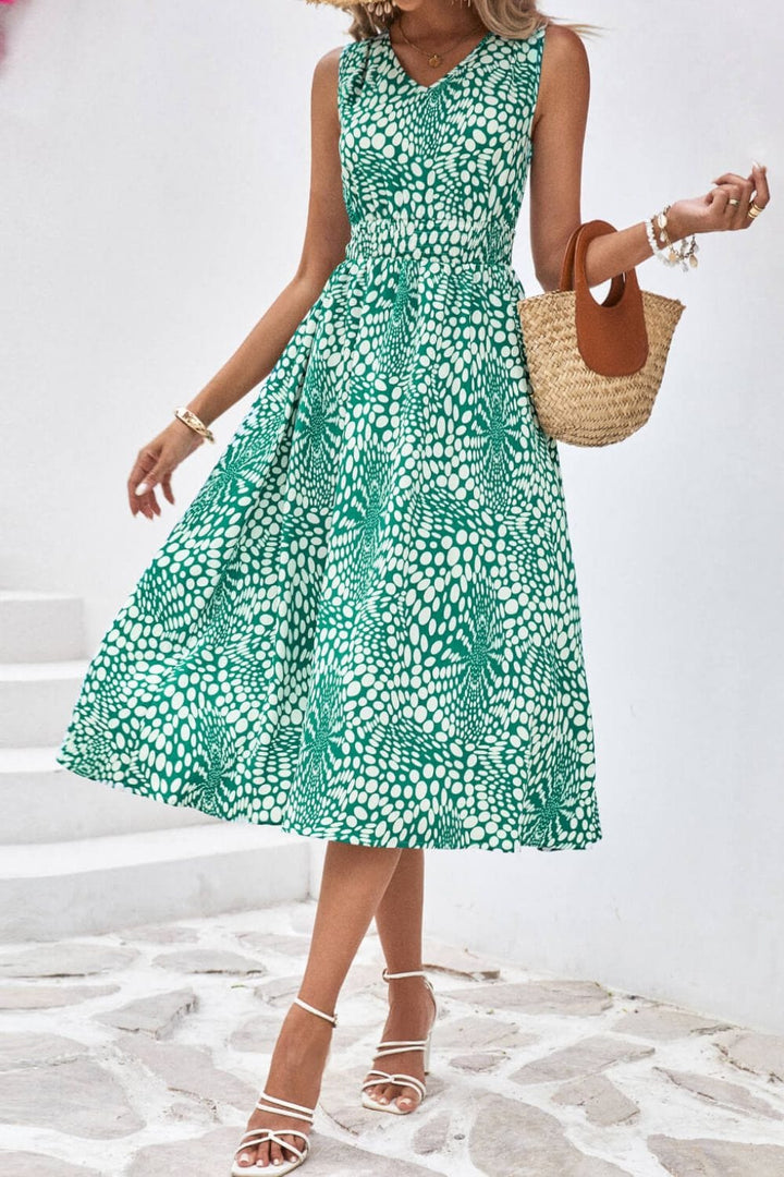 Printed V-Neck Sleeveless Dress - Runway Frenzy