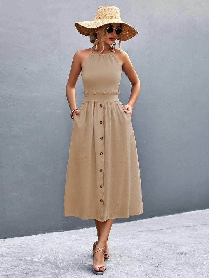 Buttoned Halter Neck Frill Trim Midi Dress - Runway Frenzy