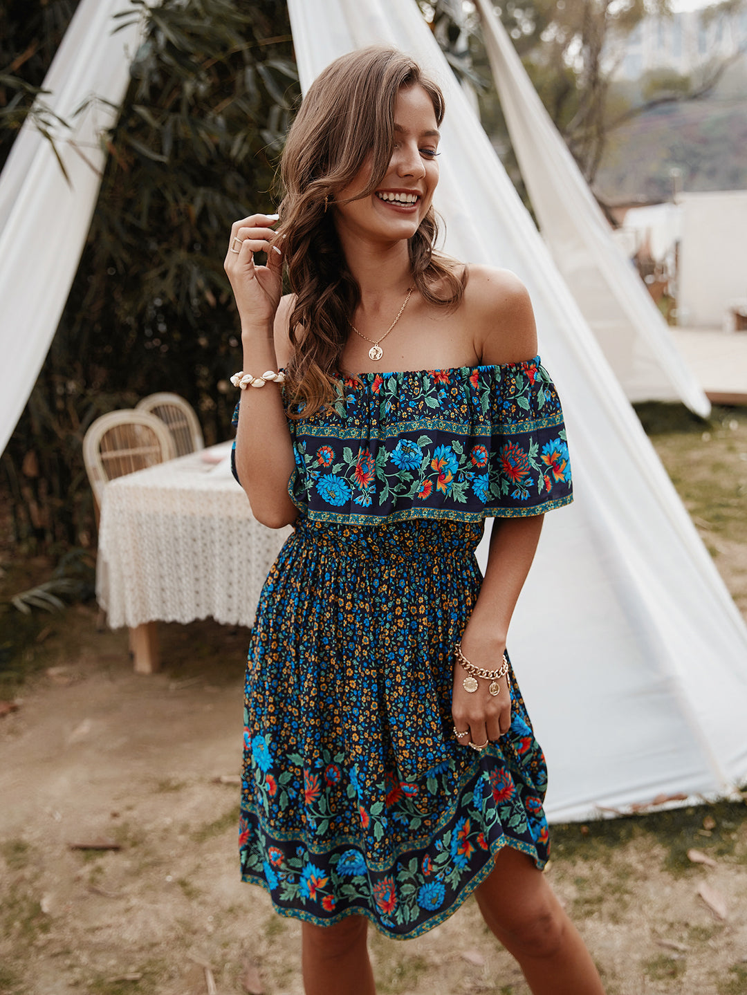 Bohemian Print Off-Shoulder Strapless Knee Length Dress - Runway Frenzy