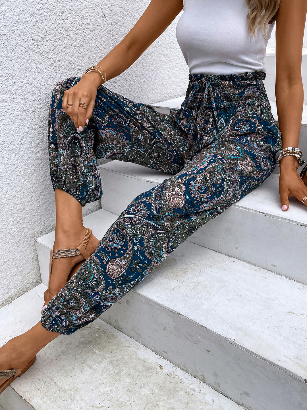 Paisley Print Smocked High-Waist Pants - Runway Frenzy 