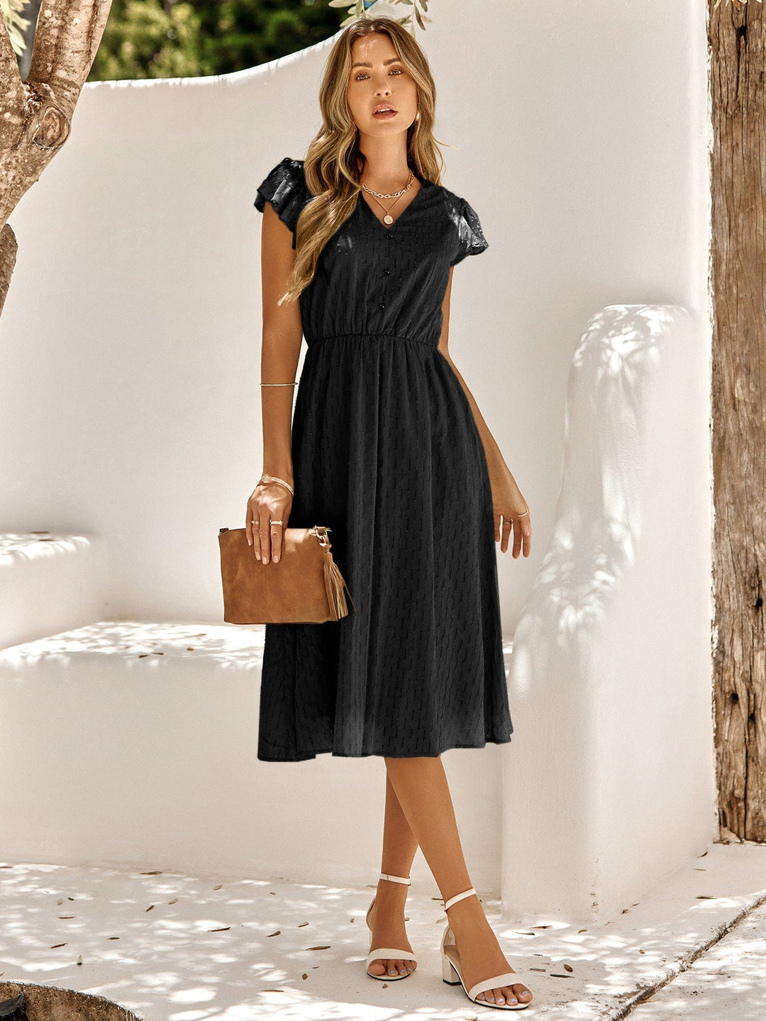 V-Neck Flutter Sleeve Midi Dress - Runway Frenzy 