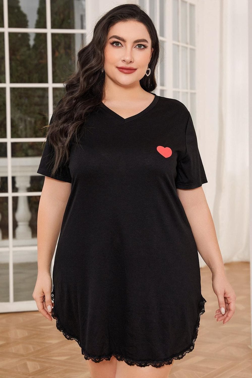 Plus Size Lace Trim V-Neck Short Sleeve Night Dress - Runway Frenzy 